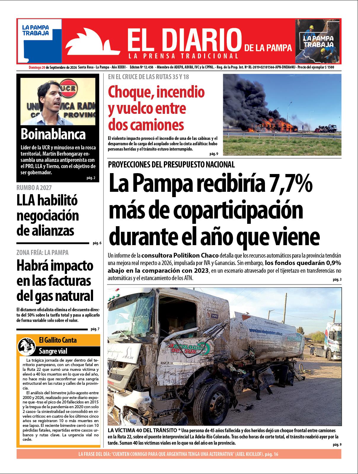 Tapa de El Diario en papel  domingo 20 de septiembre de 2026